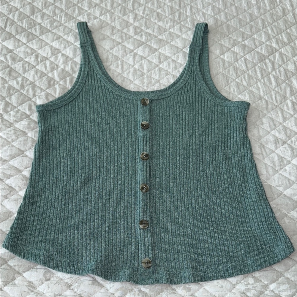 Teal Button-Front Ribbed Tank Top
